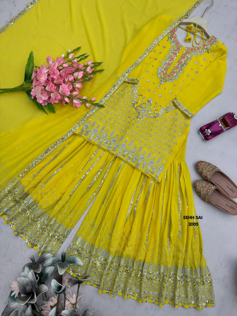 Heavy Faux Georgette Embroidered Sharara Suit Set